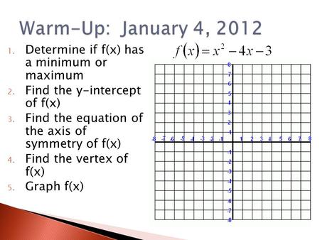 1. Determine if f(x) has a minimum or maximum 2. Find the y-intercept of f(x) 3. Find the equation of the axis of symmetry of f(x) 4. Find the vertex of.