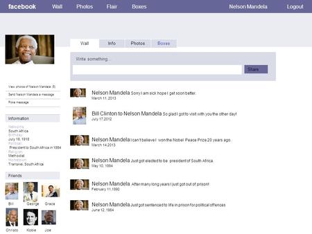 Facebook WallPhotosFlairBoxesNelson MandelaLogout View photos of Nelson Mandela (5) Send Nelson Mandela a message Poke message Wall InfoPhotosBoxes Write.