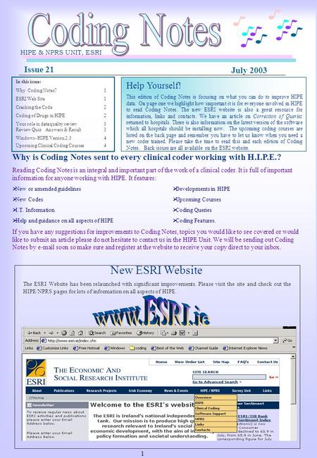 In this issue: Why Coding Notes?1 ESRI Web Site1 Cracking the Code2 Coding of Drugs in HIPE2 Your role in data quality review 3 Review QuizAnswers & Result3.