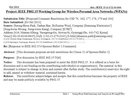 Doc.: IEEE- 15-11-0722-00-0006 Submission Project: IEEE P802.15 Working Group for Wireless Personal Area Networks (WPANs) Submission Title: [Proposed Comment.