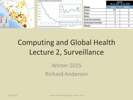 Computing and Global Health Lecture 2, Surveillance Winter 2015 Richard Anderson 1/14/2015University of Washington, Winter 20151.