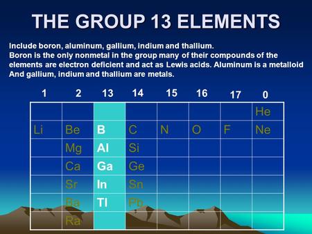 THE GROUP 13 ELEMENTS Include boron, aluminum, gallium, indium and thallium. Boron is the only nonmetal in the group many of their compounds of the elements.