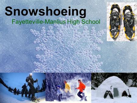 Snowshoeing Fayetteville-Manlius High School. Technique Longer than usual steps, especially uphill Walk with feet wider apart –To avoid clanking snowshoes.