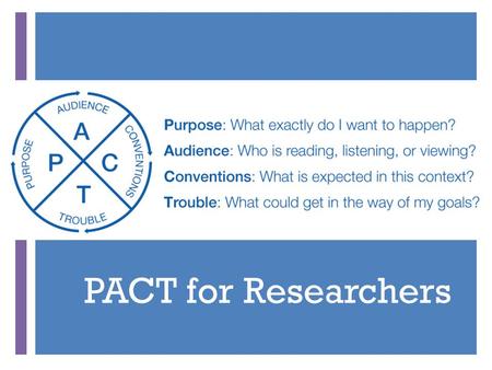 + PACT for Researchers. + PACT and Reading Like a Researcher Effective research-based writing begins with strategic reading practices—such as PACT The.