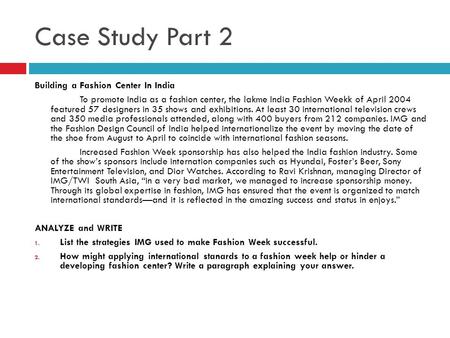 Case Study Part 2 Building a Fashion Center In India