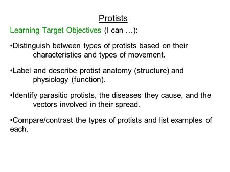 Protists Learning Target Objectives (I can …): Distinguish between types of protists based on their characteristics and types of movement. Label and describe.