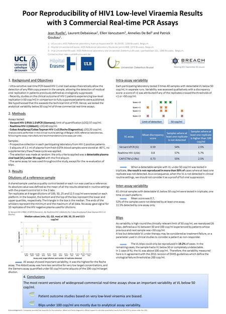 Poor Reproducibility of HIV­1 Low-level Viraemia Results with 3 Commercial Real-time PCR Assays Jean Ruelle 1, Laurent Debaisieux 2, Ellen Vancutsem 3,