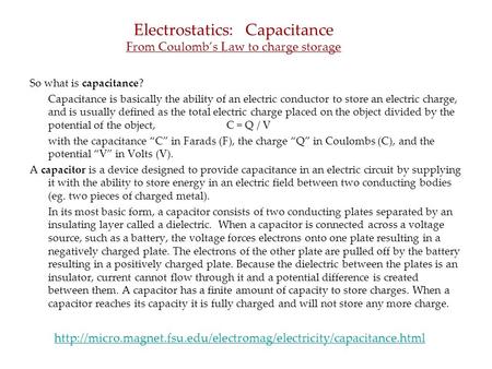 Electrostatics: Capacitance From Coulomb’s Law to charge storage