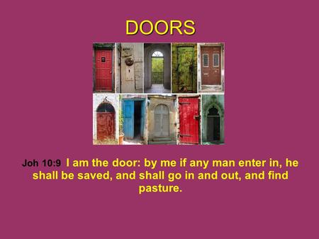 Joh 10:9 I am the door: by me if any man enter in, he shall be saved, and shall go in and out, and find pasture. DOORS.