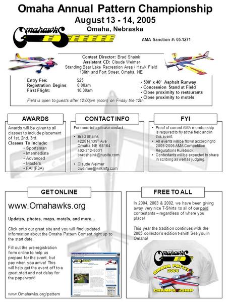 Contest Director: Brad Shaink Assistant CD: Claude Weimer Standing Bear Lake Recreation Area / Hawk Field 138th and Fort Street, Omaha, NE Entry Fee: $25.