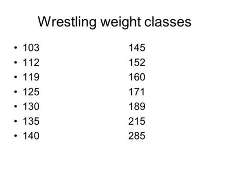 Wrestling weight classes 103145 112152 119160 125171 130189 135215 140285.