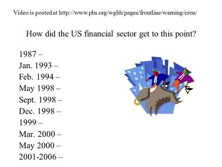 How did the US financial sector get to this point? 1987 – Jan. 1993 – Feb. 1994 – May 1998 – Sept. 1998 – Dec. 1998 – 1999 – Mar. 2000 – May 2000 – 2001-2006.