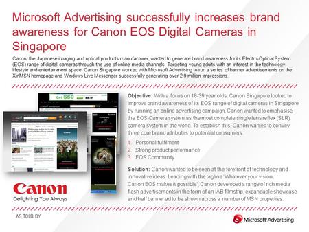 Microsoft Advertising successfully increases brand awareness for Canon EOS Digital Cameras in Singapore Canon, the Japanese imaging and optical products.