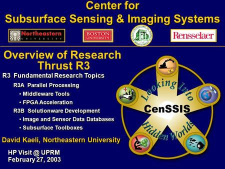 Center for Subsurface Sensing & Imaging Systems HP UPRM February 27, 2003 Overview of Research Thrust R3 R3 Fundamental Research Topics R3A Parallel.