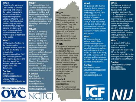 Who? The Office for Victims of Crime works to provide leadership and enhance the Nation's capacity to assist crime victims in ways that will promote justice.