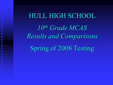 HULL HIGH SCHOOL 10 th Grade MCAS Results and Comparisons Spring of 2008 Testing.