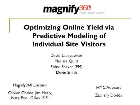 Optimizing Online Yield via Predictive Modeling of Individual Site Visitors Magnify360 Liasons: Olivier Chaine, Jim Healy, Nate Pool, Gilles ????? David.