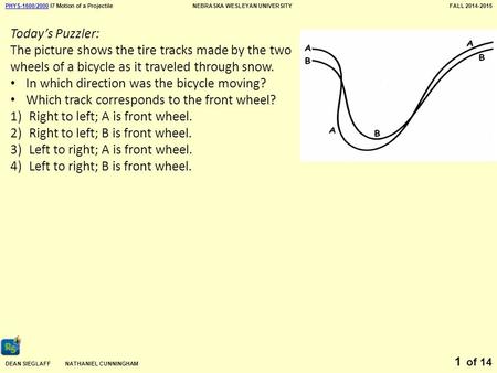 PHYS-1600/2000PHYS-1600/2000 I7 Motion of a ProjectileNEBRASKA WESLEYAN UNIVERSITYFALL 2014-2015 DEAN SIEGLAFF NATHANIEL CUNNINGHAM of 14 1 Today’s Puzzler: