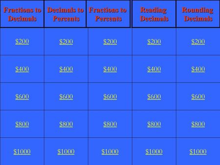 $400 $600 $800 $1000 $200 $400 $600 $800 $1000 $200 $400 $600 $800 $1000 $200 $400 $600 $800 $1000 $200 $400 $600 $800 $1000 $200 Fractions to Decimals.