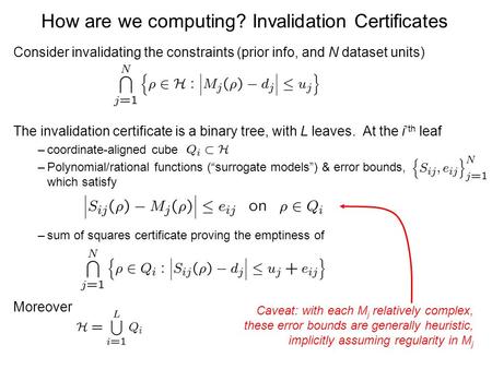 How are we computing? Invalidation Certificates Consider invalidating the constraints (prior info, and N dataset units) The invalidation certificate is.