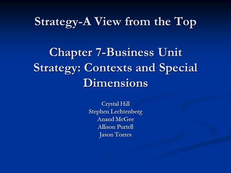 Strategy-A View from the Top Chapter 7-Business Unit Strategy: Contexts and Special Dimensions Crystal Hill Stephen Lechtenberg Anand McGee Allison Purtell.