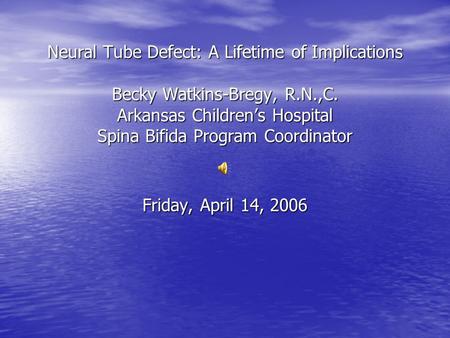 Neural Tube Defect: A Lifetime of Implications Becky Watkins-Bregy, R.N.,C. Arkansas Children’s Hospital Spina Bifida Program Coordinator Friday, April.