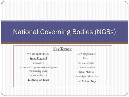 National Governing Bodies (NGBs)