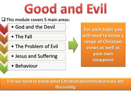  This module covers 5 main areas: God and the DevilGod and the Devil The FallThe Fall The Problem of EvilThe Problem of Evil Jesus and SufferingJesus.