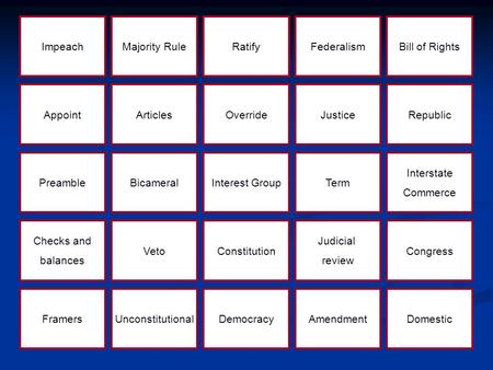 ImpeachMajority RuleRatifyFederalismBill of Rights AppointArticlesOverrideJusticeRepublic PreambleBicameralInterest GroupTerm Interstate Commerce Checks.