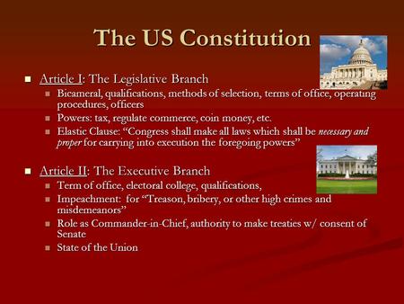 The US Constitution Article I: The Legislative Branch Article I: The Legislative Branch Bicameral, qualifications, methods of selection, terms of office,