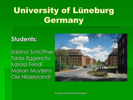 European Virtual Seminar University of Lüneburg Germany Students: Sabina Schüffner Tanja Eggerichs Karola Fendl Marian Muytjens Ole Hildebrandt.