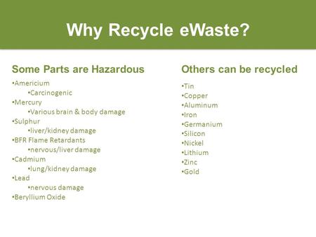 Why Recycle eWaste? Some Parts are Hazardous Americium Carcinogenic Mercury Various brain & body damage Sulphur liver/kidney damage BFR Flame Retardants.