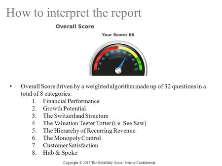 How to interpret the report Overall Score driven by a weighted algorithm made up of 32 questions in a total of 8 categories: 1.Financial Performance 2.Growth.