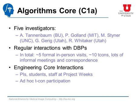 National Alliance for Medical Image Computing –  Algorithms Core (C1a) Five investigators: –A. Tannenbaum (BU), P. Golland (MIT), M. Styner.