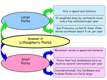 Vary in speed and distance San Francisco, on North Amer. Plate moves southeast about 5 cm. per year If weighted down by continents move only a few millimeters.