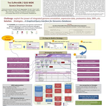 Controller View (web) Model Model T HE E U P ATH DB / GUS-WDK S EARCH S TRATEGY S YSTEM Cristina Aurrecoechea 1, Brian P. Brunk 2, Steve Fischer 2, Xin.