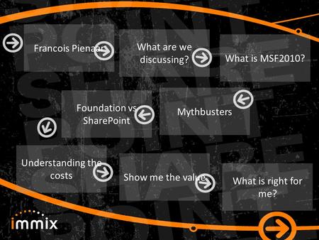 What are we discussing? Show me the value Understanding the costs What is right for me? Mythbusters Foundation vs SharePoint What is MSF2010? Francois.