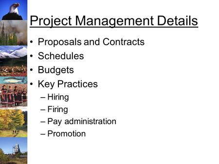 Project Management Details Proposals and Contracts Schedules Budgets Key Practices –Hiring –Firing –Pay administration –Promotion.