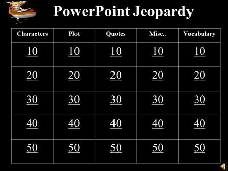 PowerPoint Jeopardy CharactersPlotQuotesMisc..Vocabulary 10 20 30 40 50.