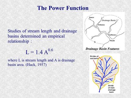 The Power Function Studies of stream length and drainage basins determined an empirical relationship : L = 1.4 A 0.6 where L is stream length and A is.