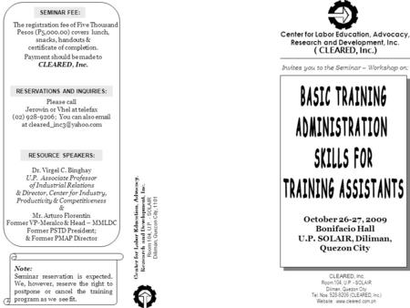 BASIC TRAINING ADMINISTRATION SKILLS FOR TRAINING ASSISTANTS