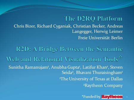 1 Sunitha Ramanujam 1, Anubha Gupta 1, Latifur Khan 1, Steven Seida 2, Bhavani Thuraisingham 1 1 The University of Texas at Dallas 2 Raytheon Company *Funded.