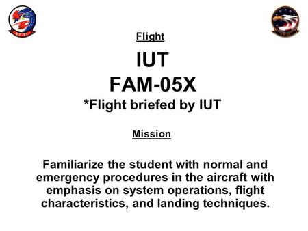 Flight Mission IUT FAM-05X *Flight briefed by IUT Familiarize the student with normal and emergency procedures in the aircraft with emphasis on system.