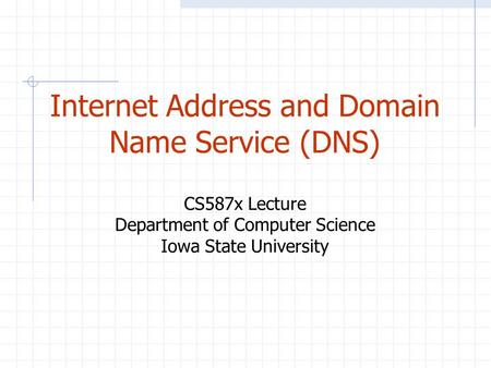 Internet Address and Domain Name Service (DNS) CS587x Lecture Department of Computer Science Iowa State University.