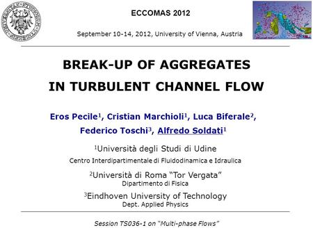 BREAK-UP OF AGGREGATES IN TURBULENT CHANNEL FLOW 1 Università degli Studi di Udine Centro Interdipartimentale di Fluidodinamica e Idraulica 2 Università.