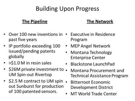 Building Upon Progress The Pipeline Over 100 new inventions in past five years IP portfolio exceeding 100 issued/pending patents globally >$1.0 M in resin.