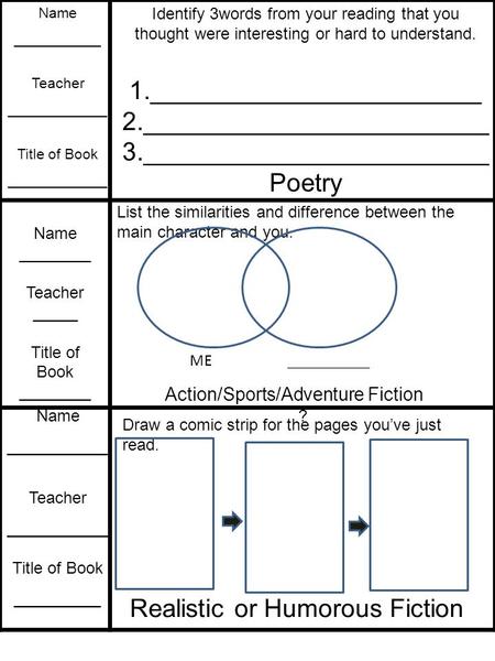 Describe the setting’s time and place. Draw it. Name _______ Teacher ________ Title of Book ________ Name _______ Teacher _______ Title of Book ______.