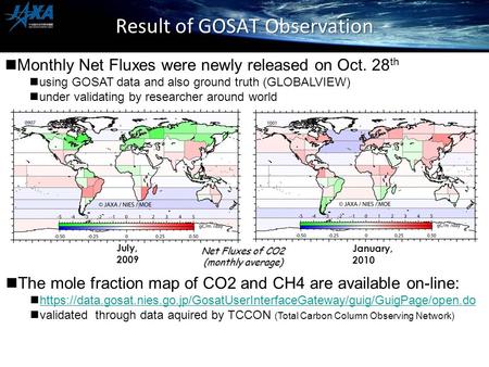 Result of GOSAT Observation Net Fluxes of CO2 (monthly average) July, 2009 January, 2010 Monthly Net Fluxes were newly released on Oct. 28 th using GOSAT.