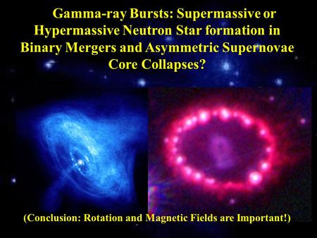 Gamma-ray Bursts: Supermassive or Hypermassive Neutron Star formation in Binary Mergers and Asymmetric Supernovae Core Collapses? (Conclusion: Rotation.