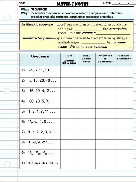 Math-7 NOTES DATE: ______/_______/_______ What:    sequences